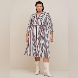 Midi Stretch Challis Button Front Shirt Dress Multi Stripe - SIZE 00 (B2-1)